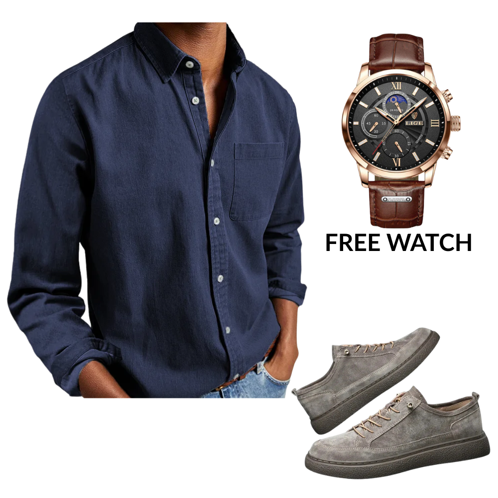 Old Money Bundle - Casual Button-Up Shirt & Shoes + FREE Watch